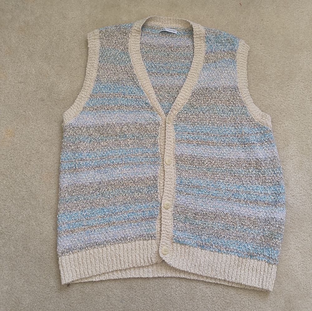 Zara Beige and Blue Striped Women's Cardigan Vest